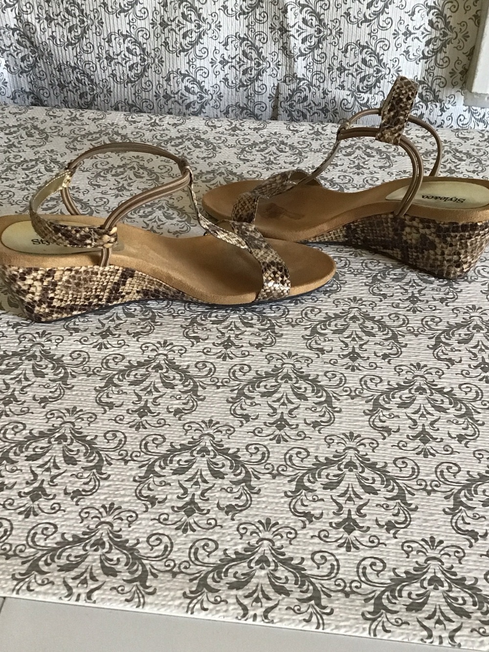 Snake-Print Brown Wedge Sandals with Ankle Strap